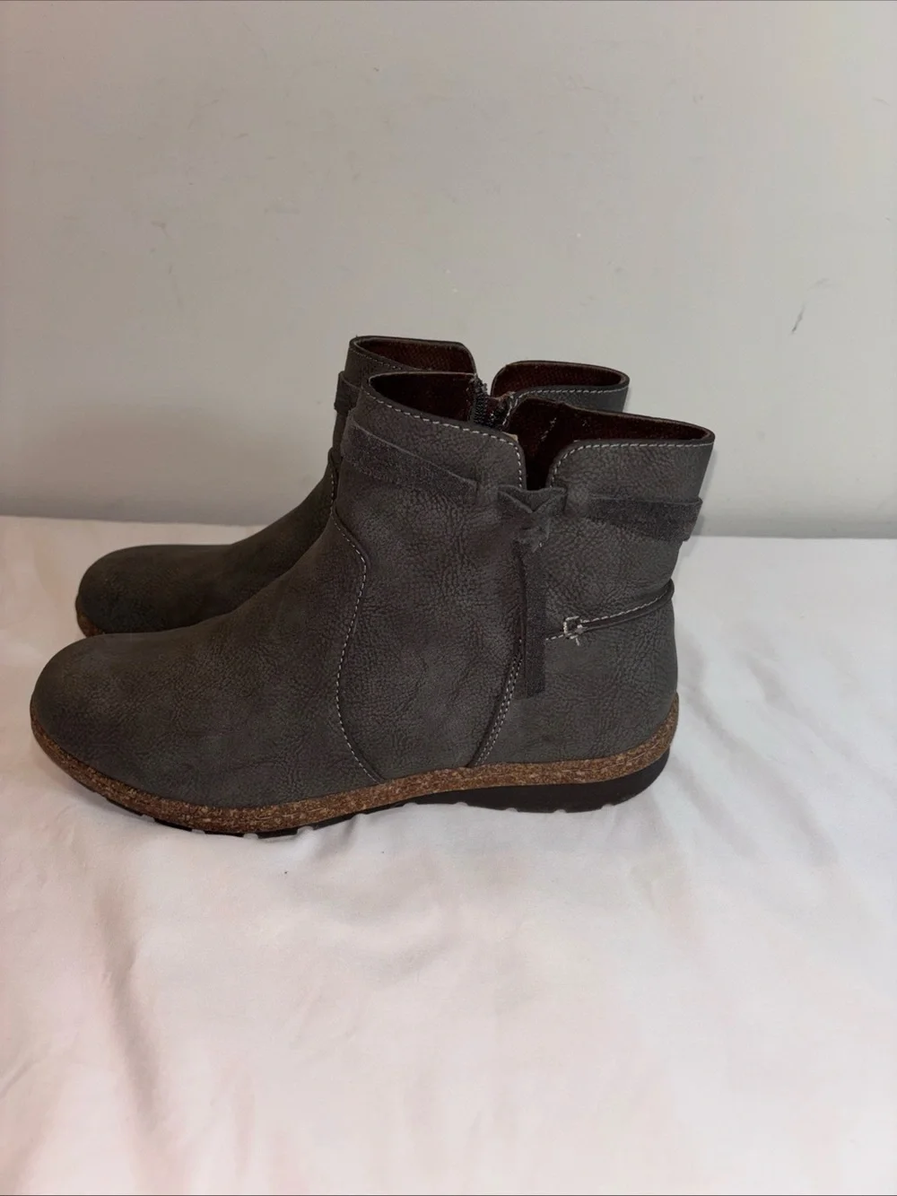 B.O.C Gray Ankle Boots with Cork Trim. 7/8